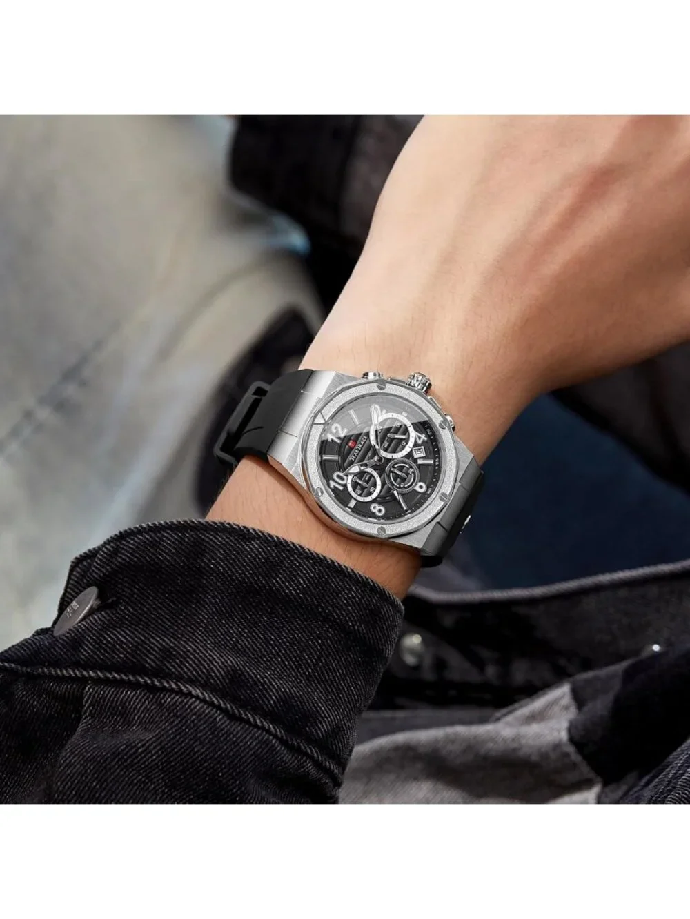 Men's Silver Analog Quartz Silicone Strap Chronograph Waterproof Luxury Watch